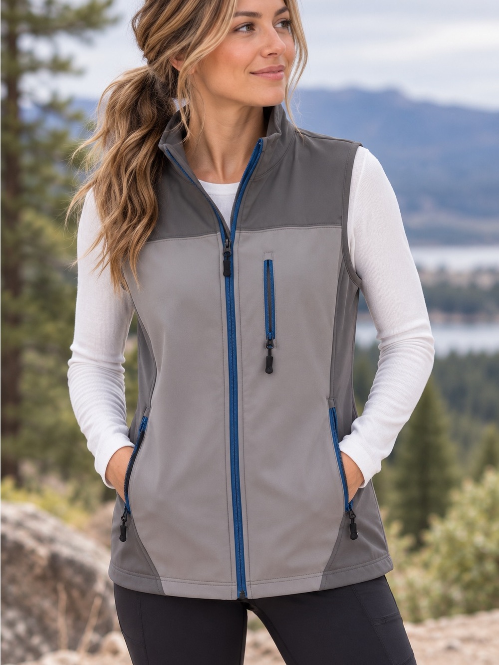 Ascend Women’s Softshell Vest Gray Blue Zip Pockets Size M NWOT